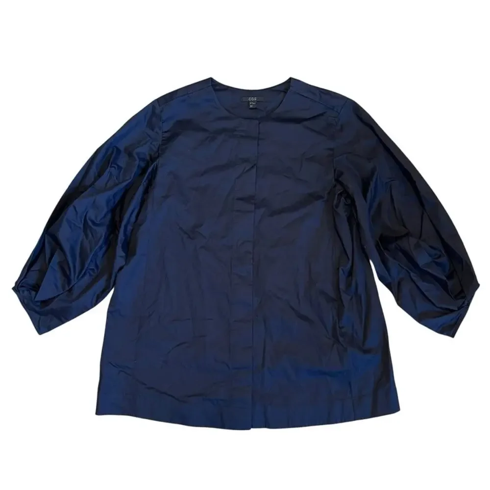 COS Women’s Sz 4 Navy Blue Gathered Puff Sleeve Blouse Stretch Cotton Top - Picture 3 of 15